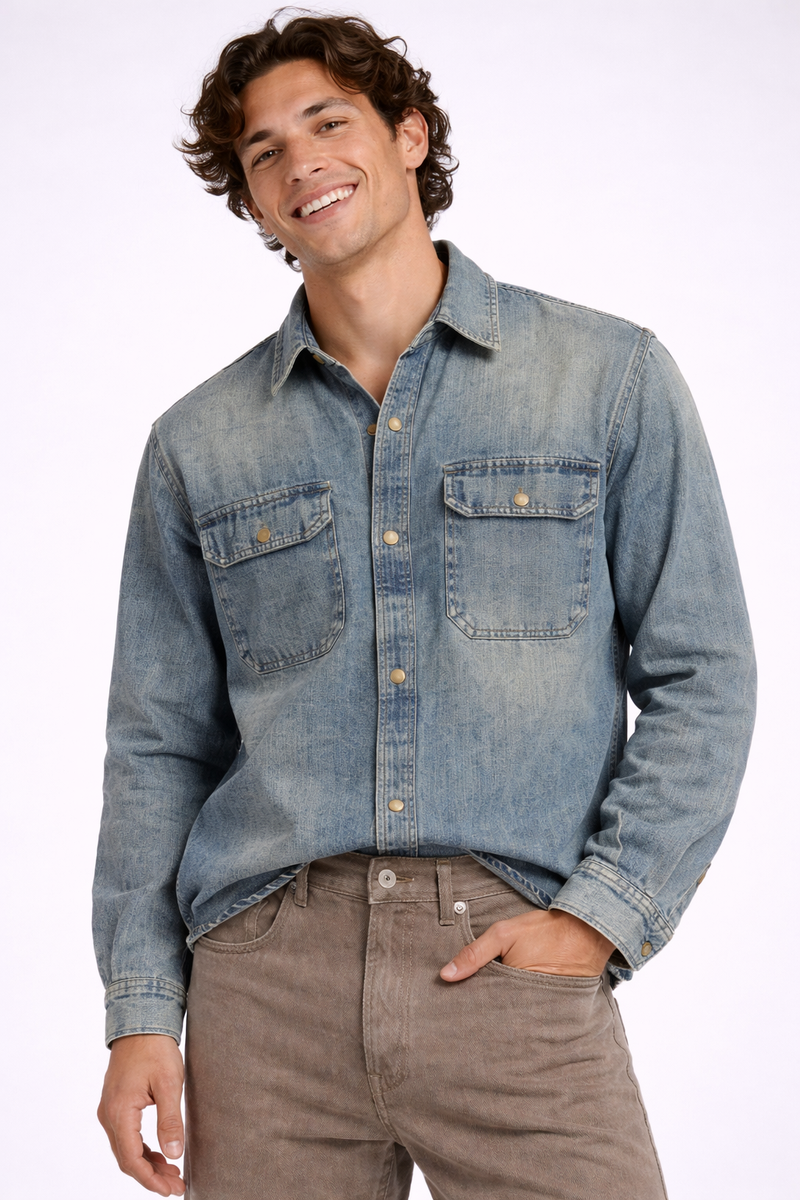 F21 Men Vintage Wash Denim Shirt