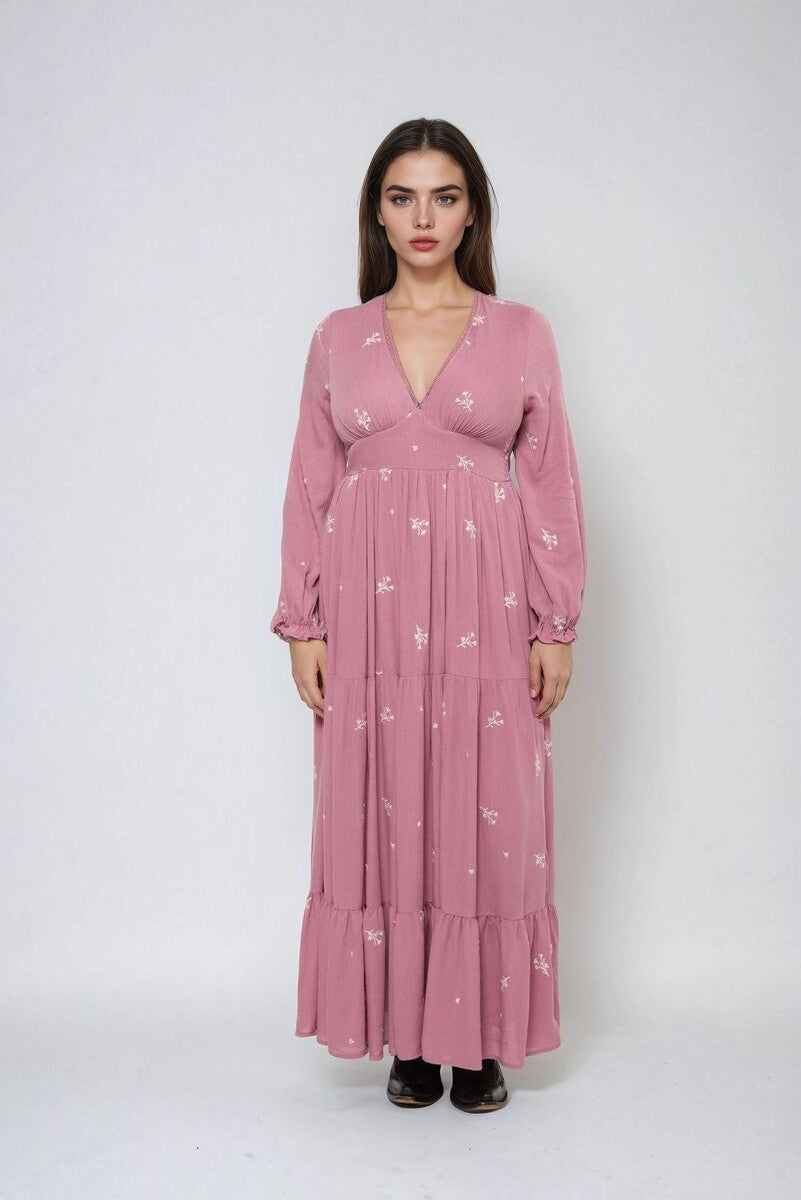 Floral-Embroidered Tiered Maxi Dress