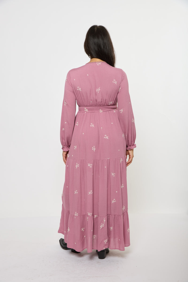 Floral-Embroidered Tiered Maxi Dress