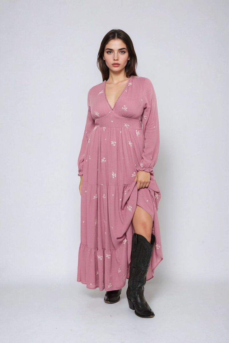 Floral-Embroidered Tiered Maxi Dress