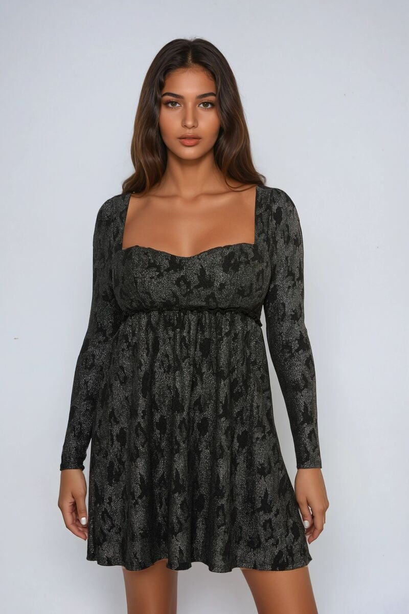 Long-Sleeve Metallic Baby Doll Mini Dress