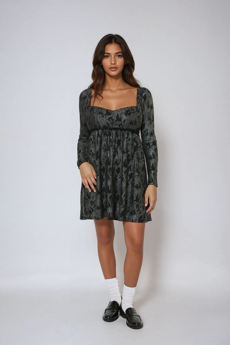 Long-Sleeve Metallic Baby Doll Mini Dress