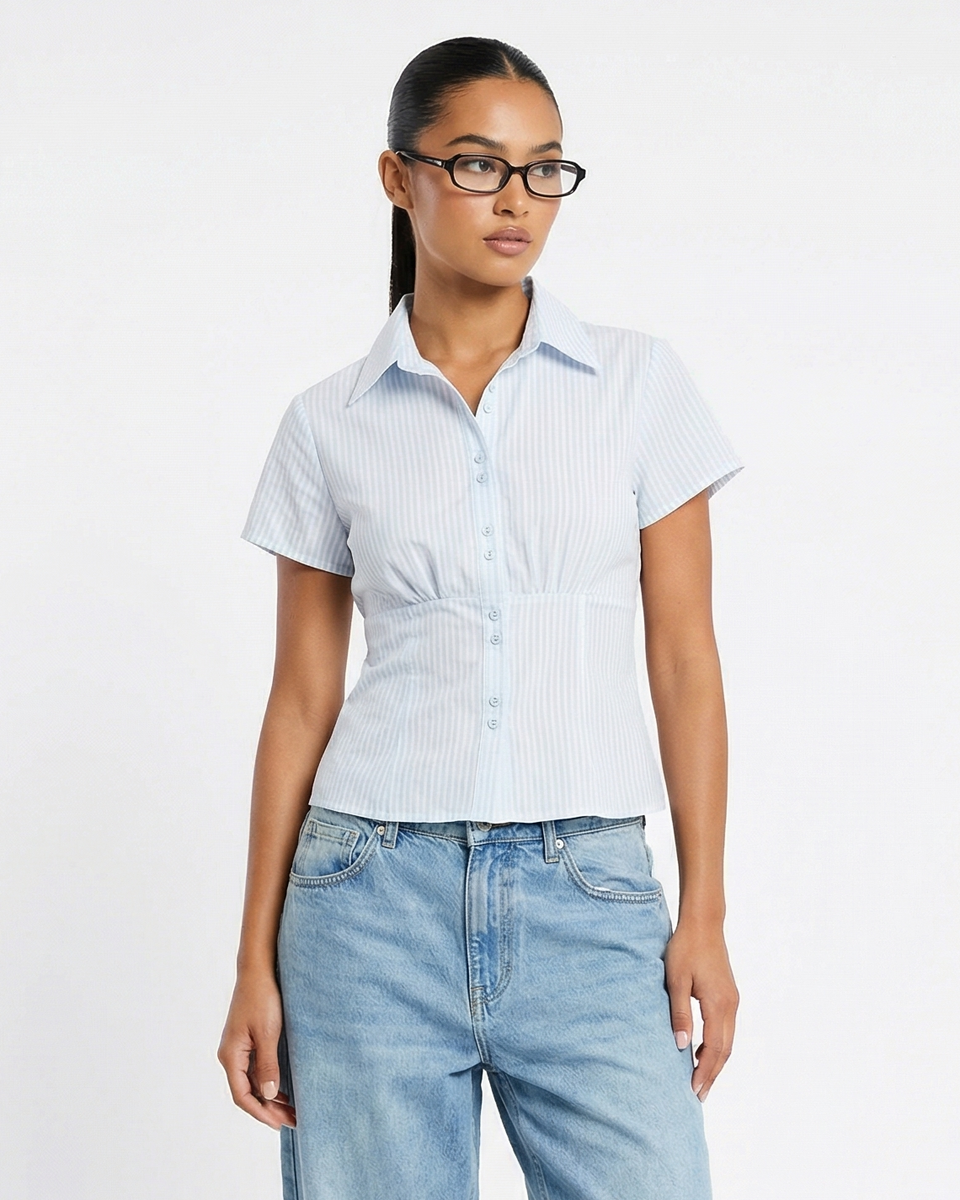 レディース　シャツ FITTED SHORT SLEEVE STRIPED BLOUSE