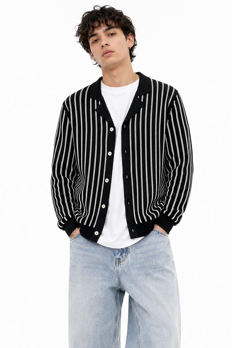 トップス flagstuff STRIPE KNIT CARDIGAN BLAC Lightweight Striped Knit Cardigan