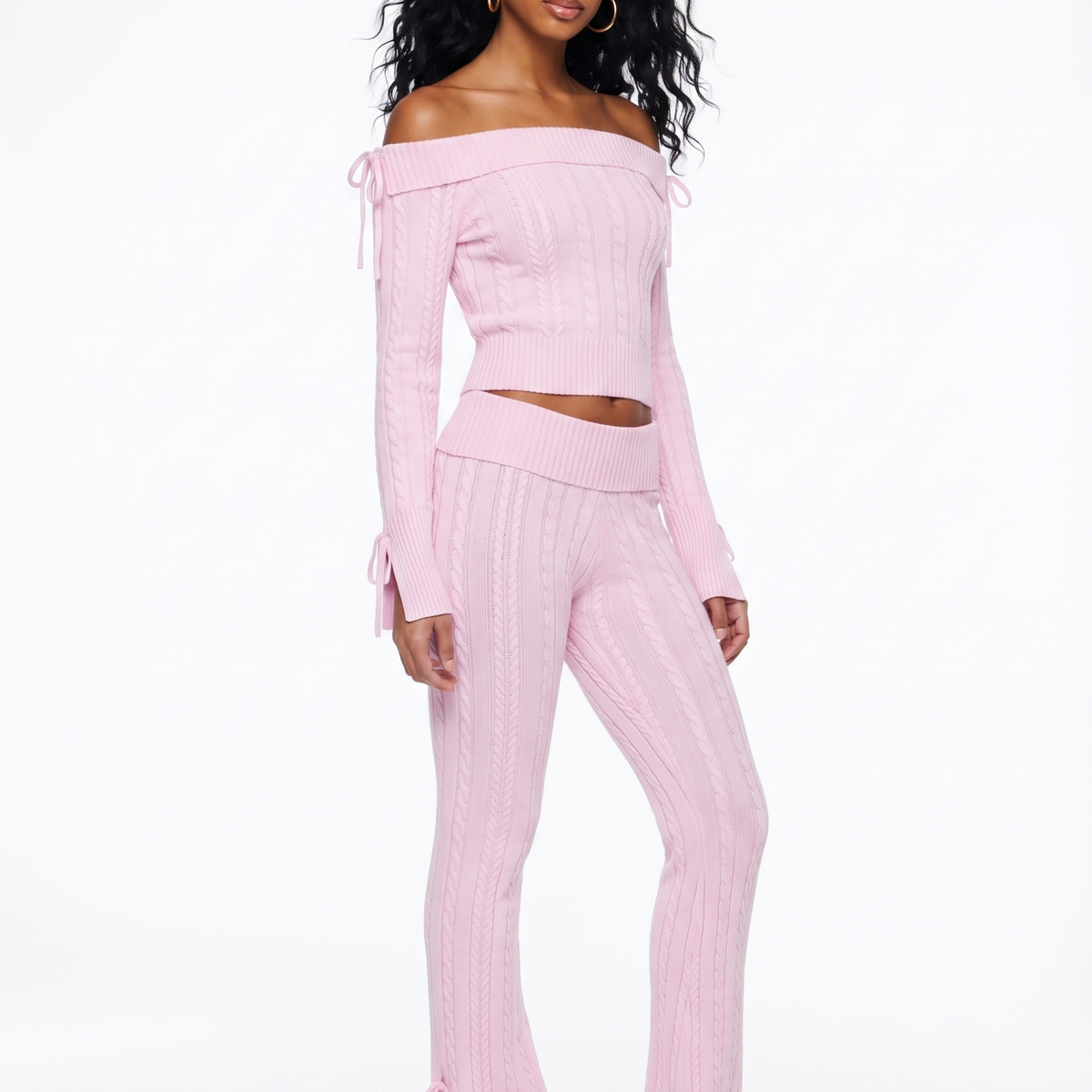 Cable Knit Off The Shoulder Sweater and Pant Set
