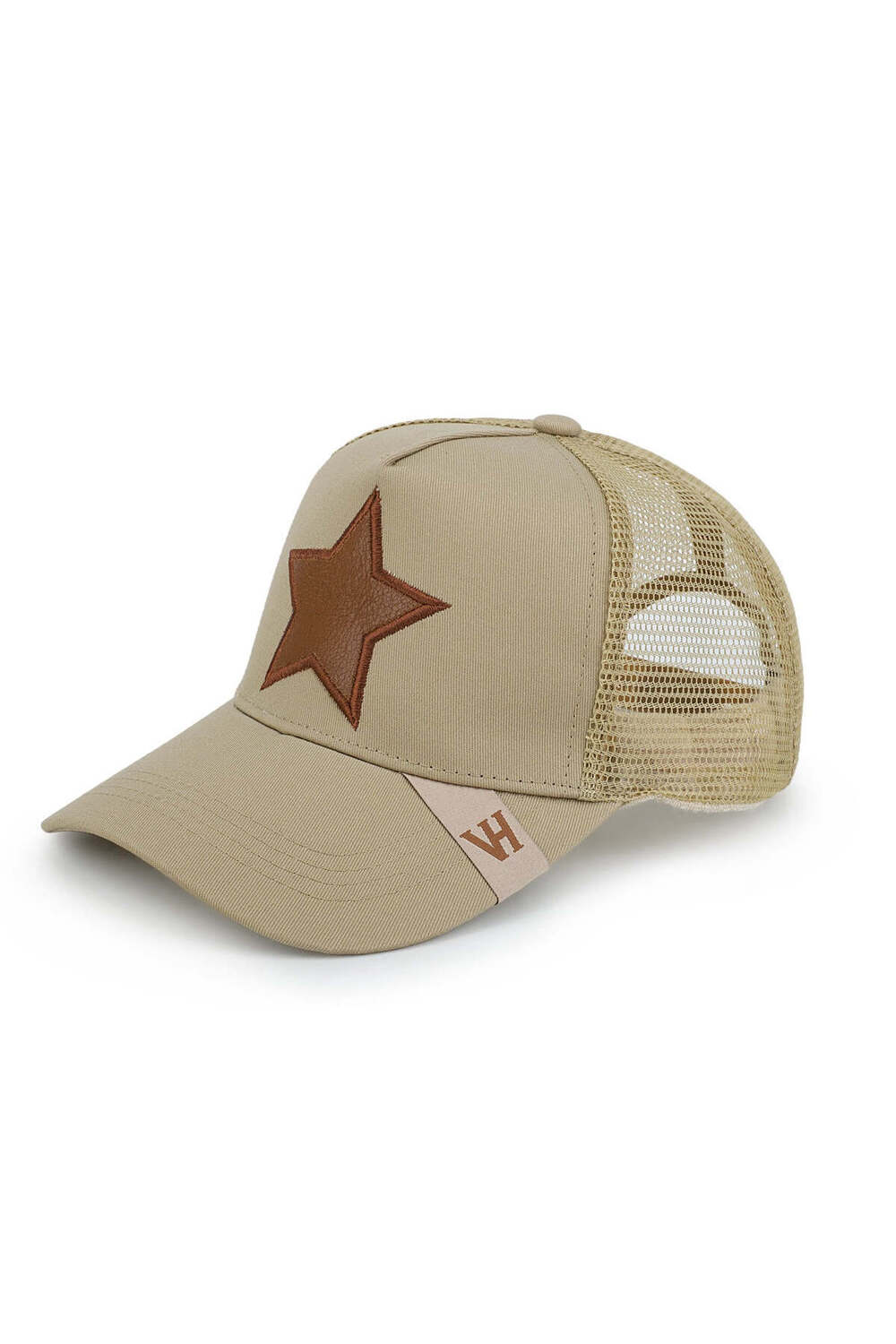 Vintage Havana Vintage Havana Trucker Hat for Women & Men – Khaki Mesh & Canvas Adjustable Cap With Brown Cracked Leather Star
