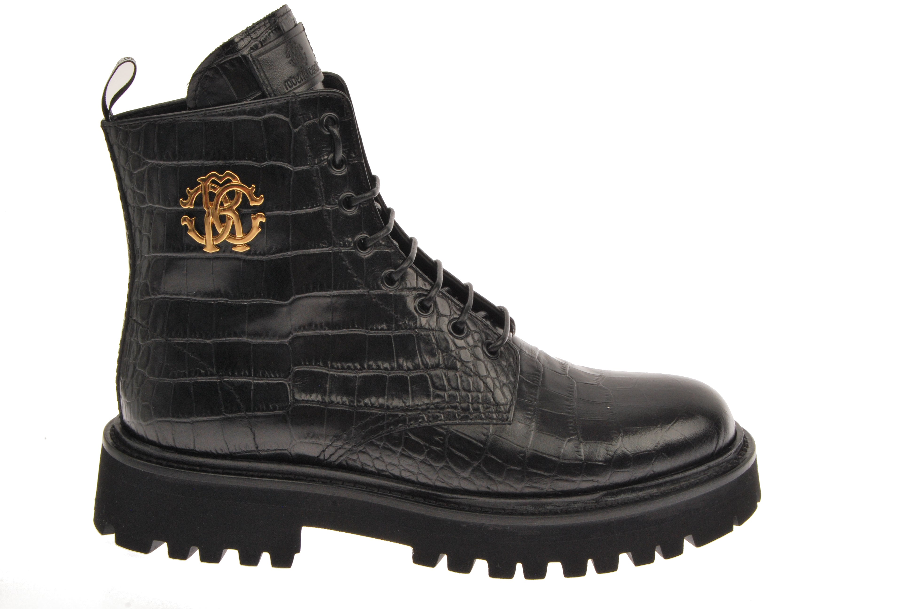 Roberto Cavalli Crocodile Embossed Gold Crest Lace Up Boot - Black/Croc ...