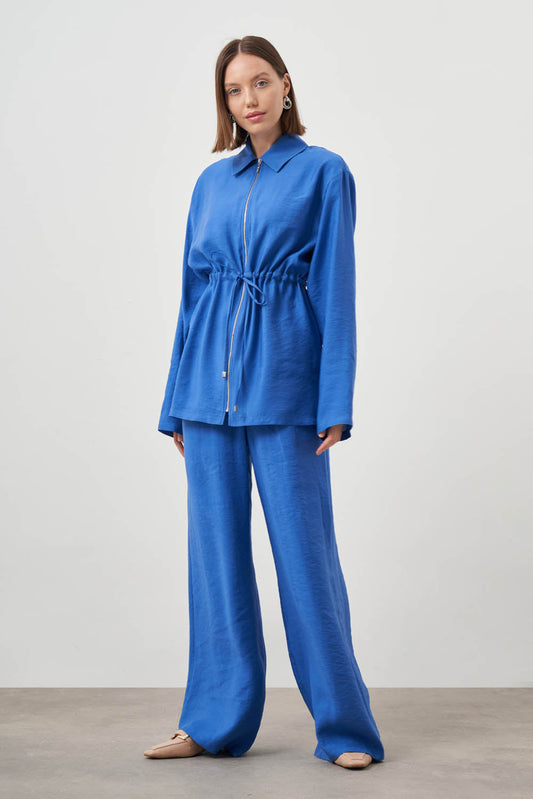 Mizalle Cinched Waist Shirt Jacket Blue Apparel