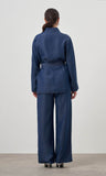 Mizalle Denim Belted Blouse Indigo Apparel