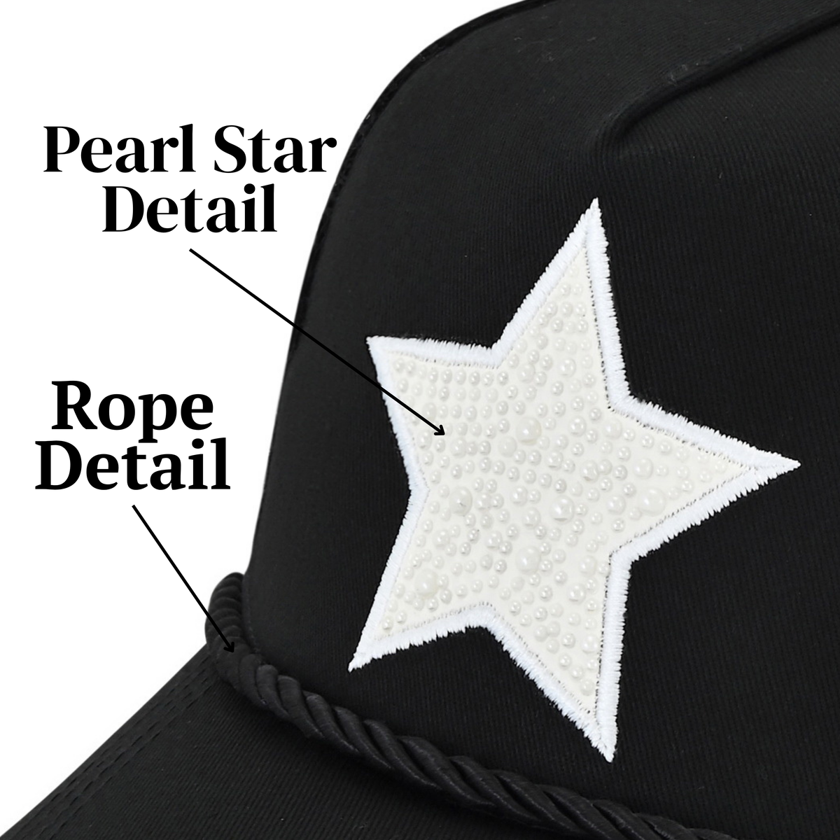 Vintage Havana Trucker Hat for Women – Black Mesh & Canvas Adjustable Cap With White Pearl Star & Rope