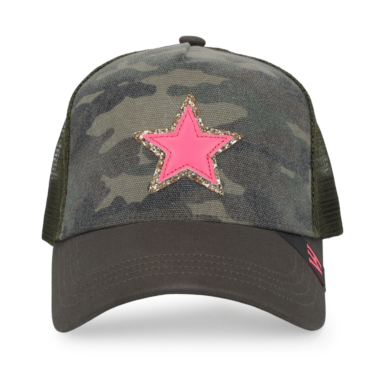 Vintage Havana Trucker Hat for Women – Camo Canvas & Mesh Adjustable Cap With Neon Pink Star