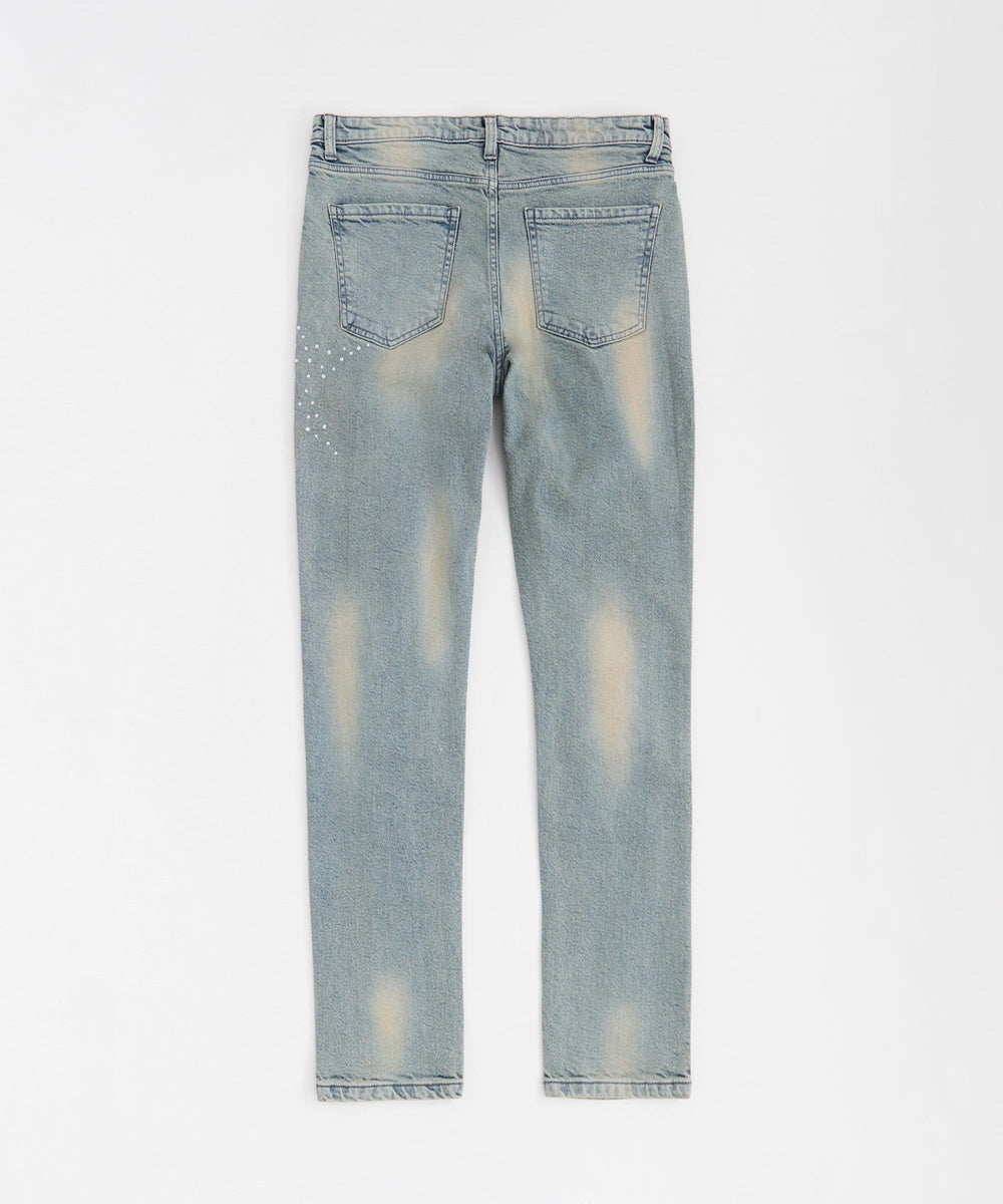 Skinny Fit Rhinestone Denim Jeans - Dark Blue