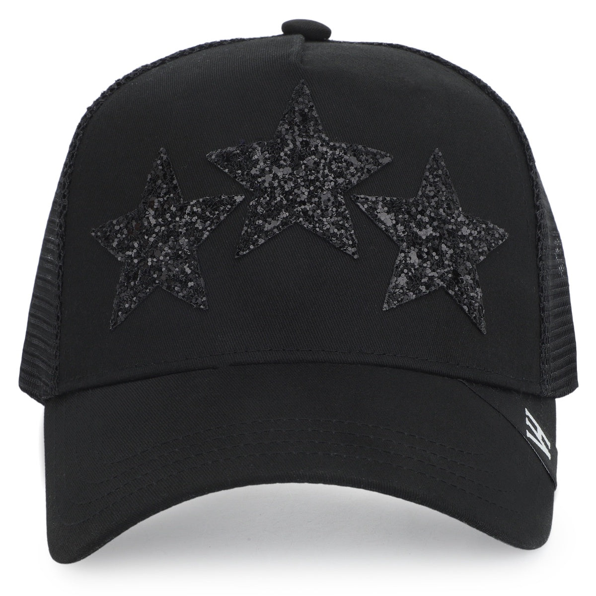 Vintage Havana Black Trucker Hat for Women – Canvas & Mesh Adjustable Snapback Baseball Cap With 3 Black Glitter Stars
