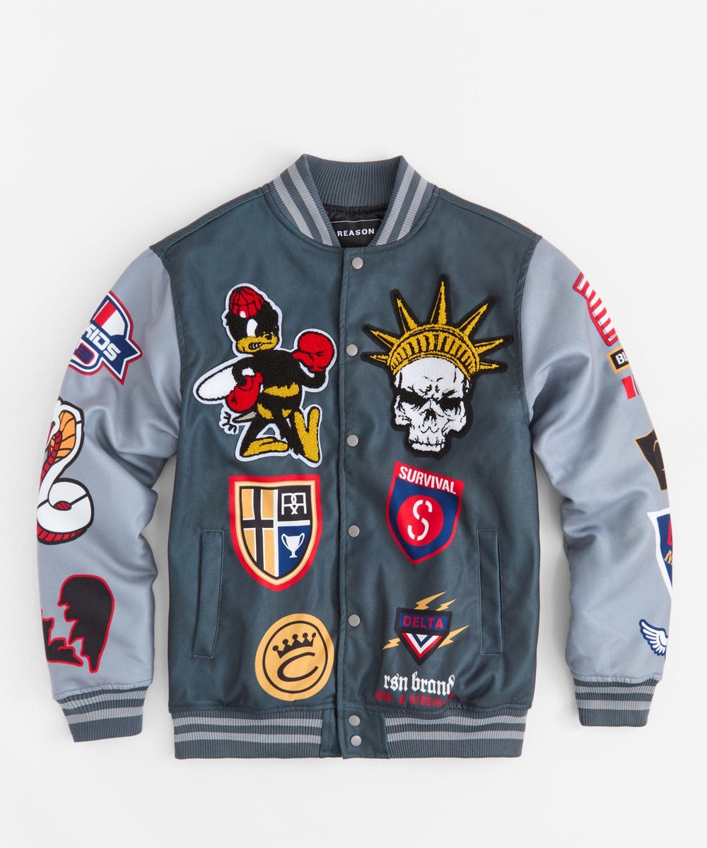 Fearless Chenille Patched Varsity Jacket - Grey