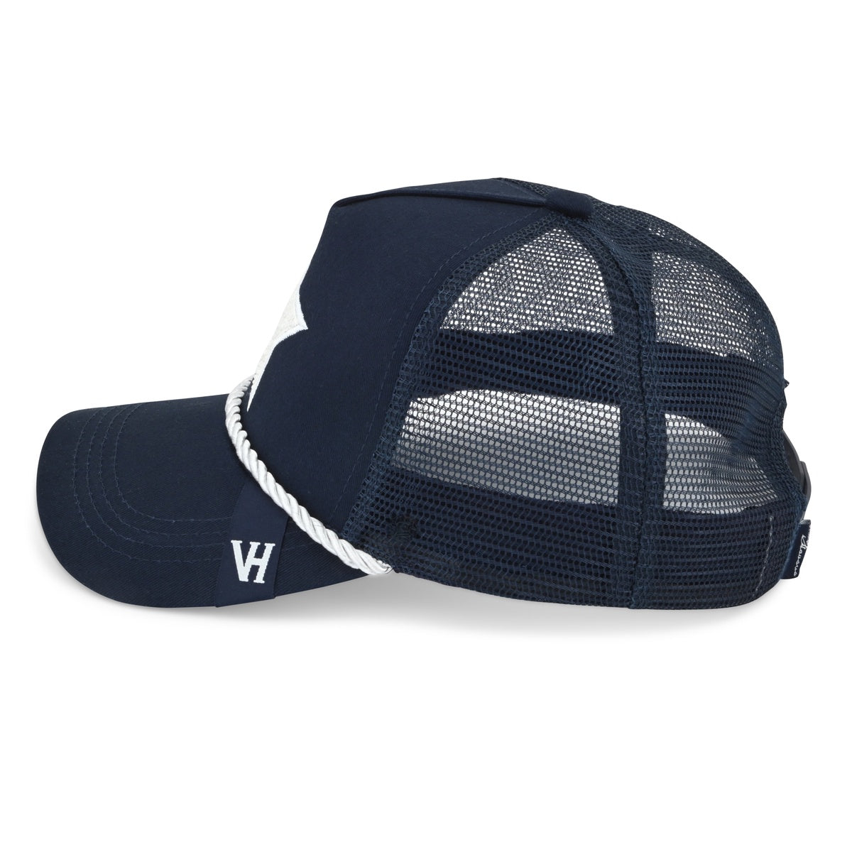 Vintage Havana Trucker Hat for Women – Navy Mesh & Canvas Adjustable Cap With Pearl Star & Rope