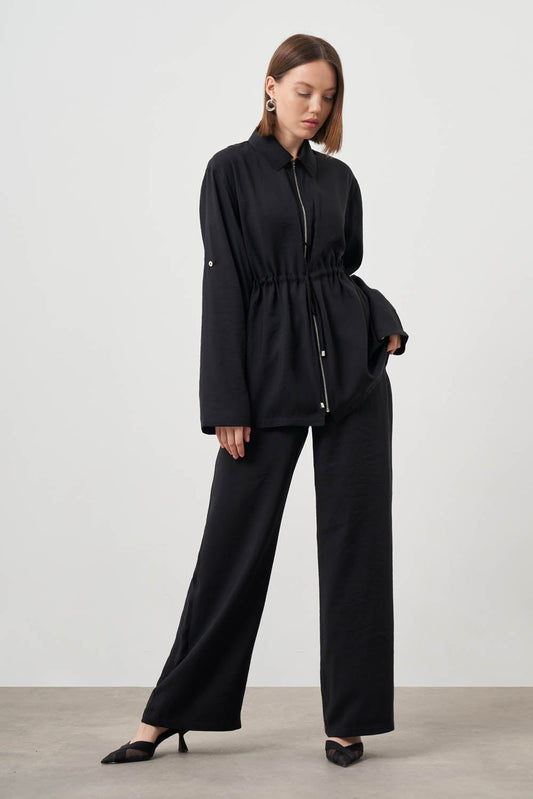 Mizalle Cinched Waist Shirt Jacket Black Apparel