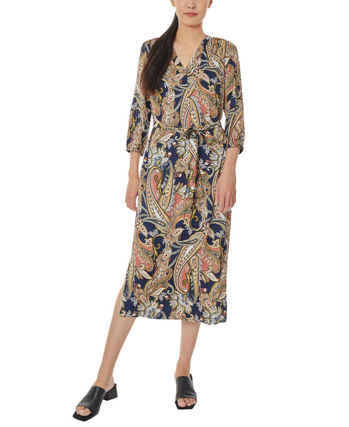 navy v bar binded midi dress V-Neck Midi Dress with Tie Waist