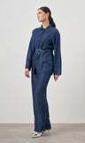 Mizalle Denim Belted Blouse Indigo Apparel