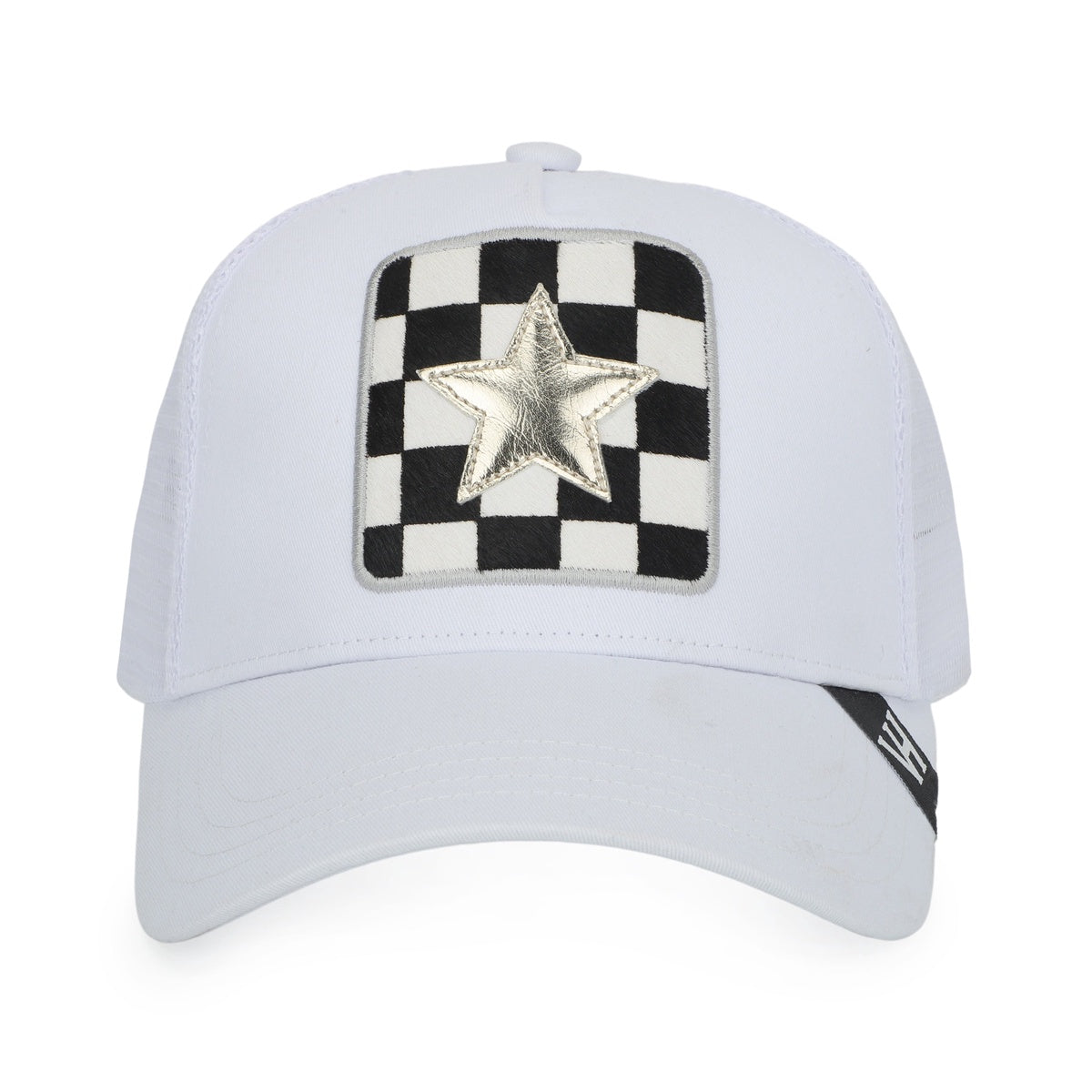 Vintage Havana Trucker Hat for Women – White Mesh & Canvas Adjustable Cap With Checkered Patch & Washed Gold Star