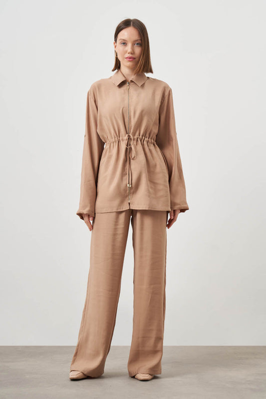 Mizalle Cinched Waist Shirt Jacket Beige Apparel