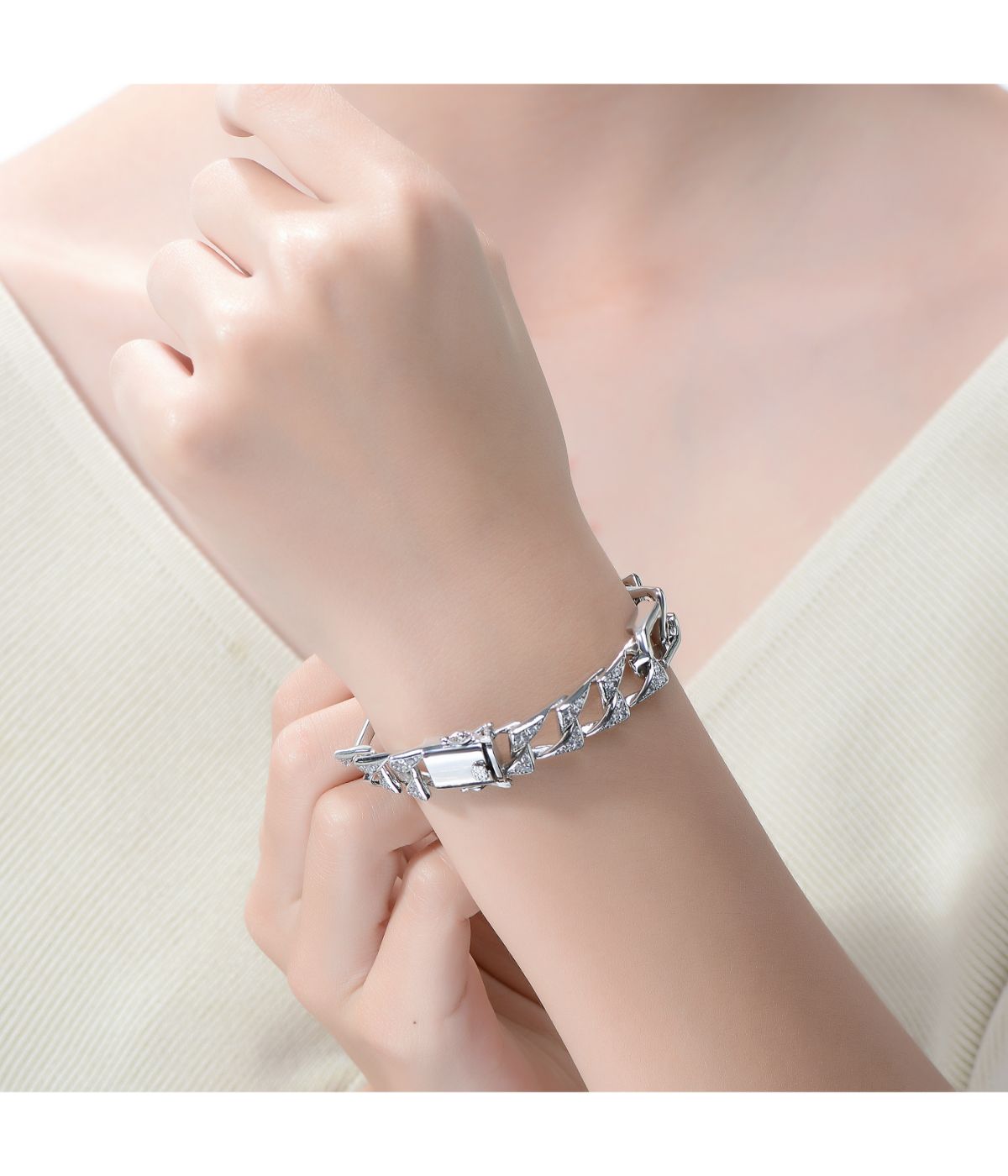 Men's Sterling Silver White Gold Plated with Iced Out Cubic Zirconia Mixed Cuban Chain Bracelet