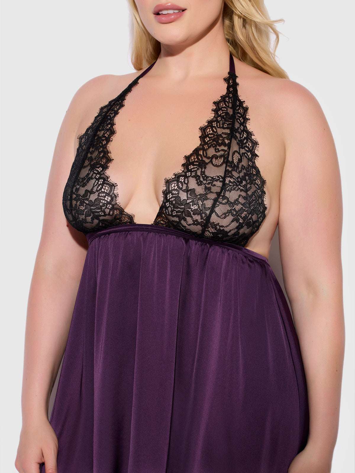 Rosalind Lace & Satin Halter Neck Drop Off Babydoll - Frederick's of Hollywood
