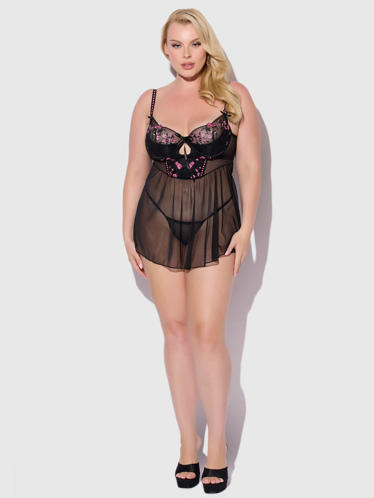 Harlow Embroidered Mesh & Elastic Longline Babydoll - Frederick's of Hollywood