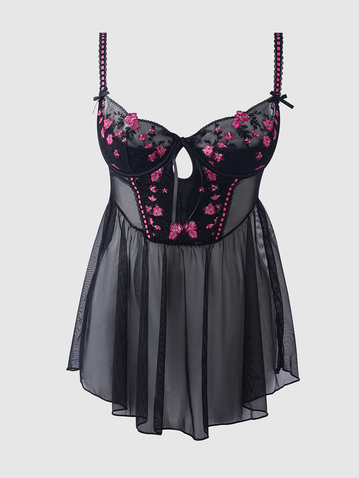 Harlow Embroidered Mesh & Elastic Longline Babydoll - Frederick's of Hollywood