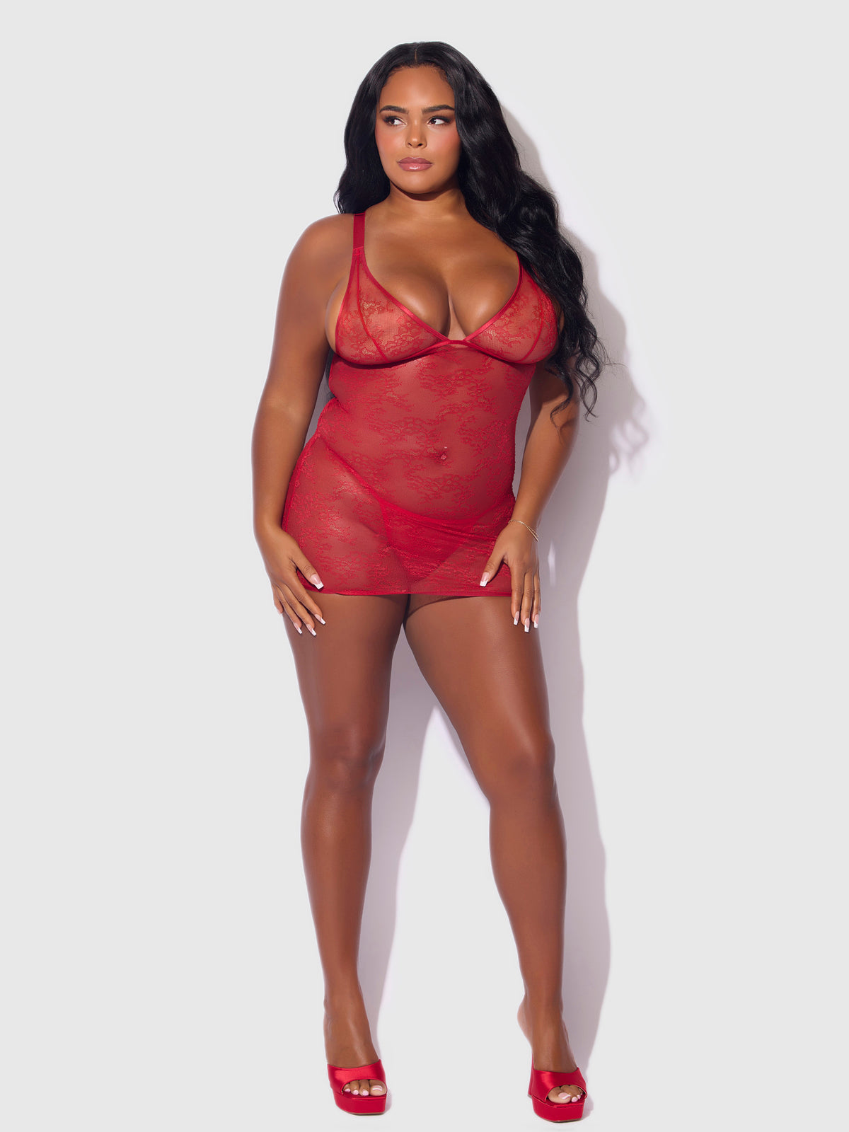 Chiara Lace & Strappy Open Back Chemise - Frederick's of Hollywood