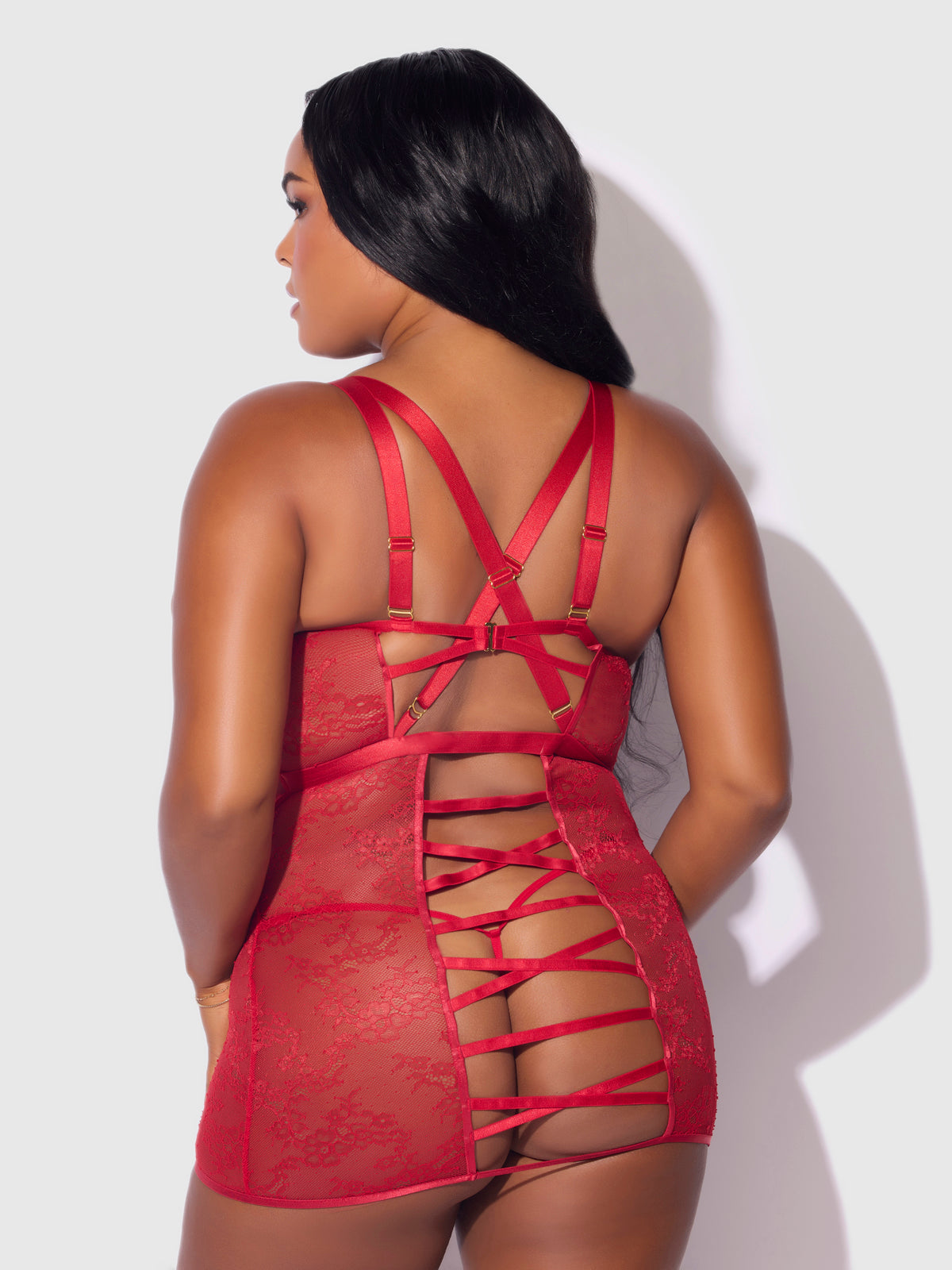 Chiara Lace & Strappy Open Back Chemise - Frederick's of Hollywood