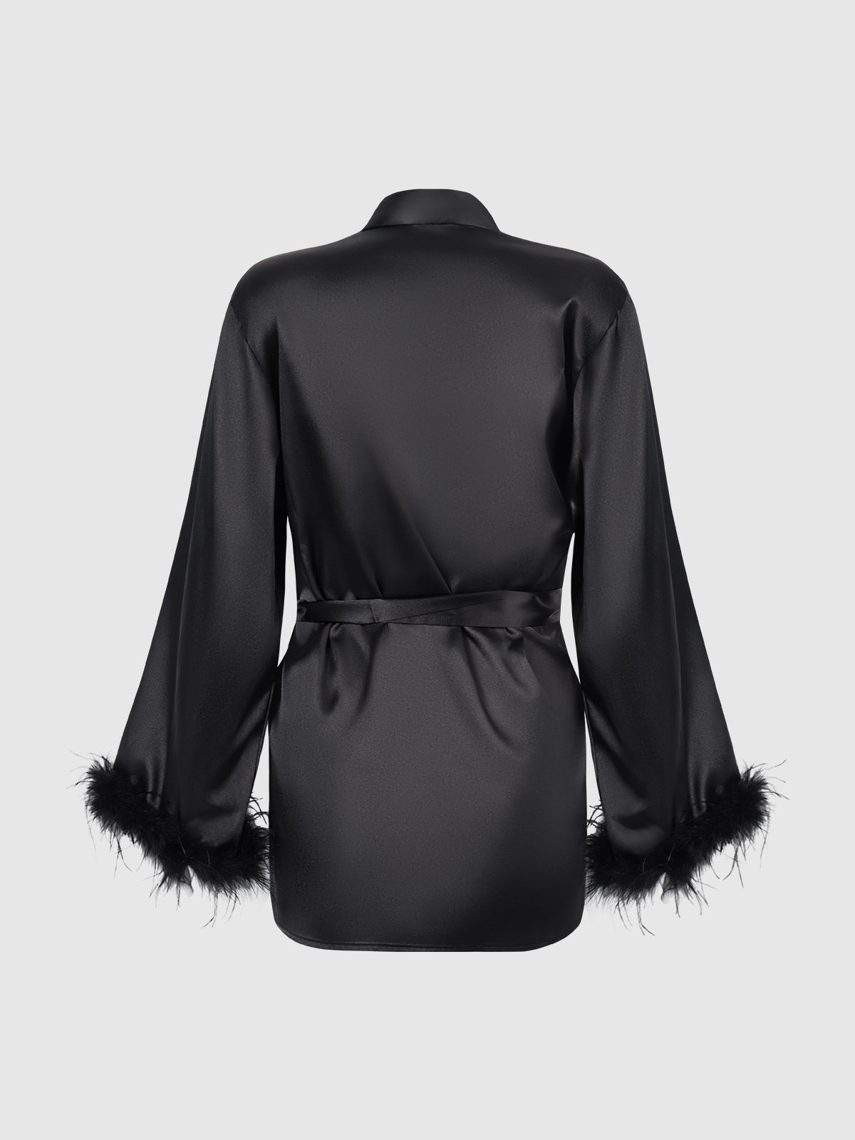 Scarlett Satin & Feather Trimmed Short Sleep Robe - Frederick's of Hollywood