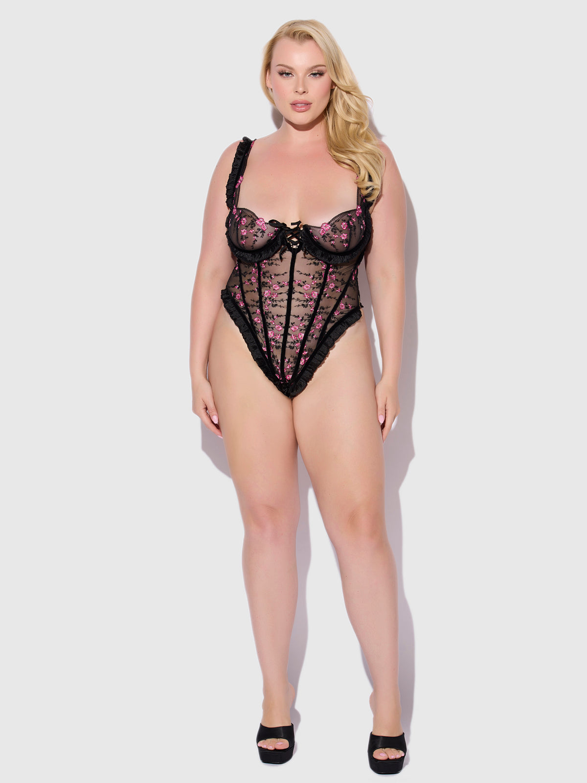 Harlow Embroidered Stretch Mesh Teddy - Frederick's of Hollywood
