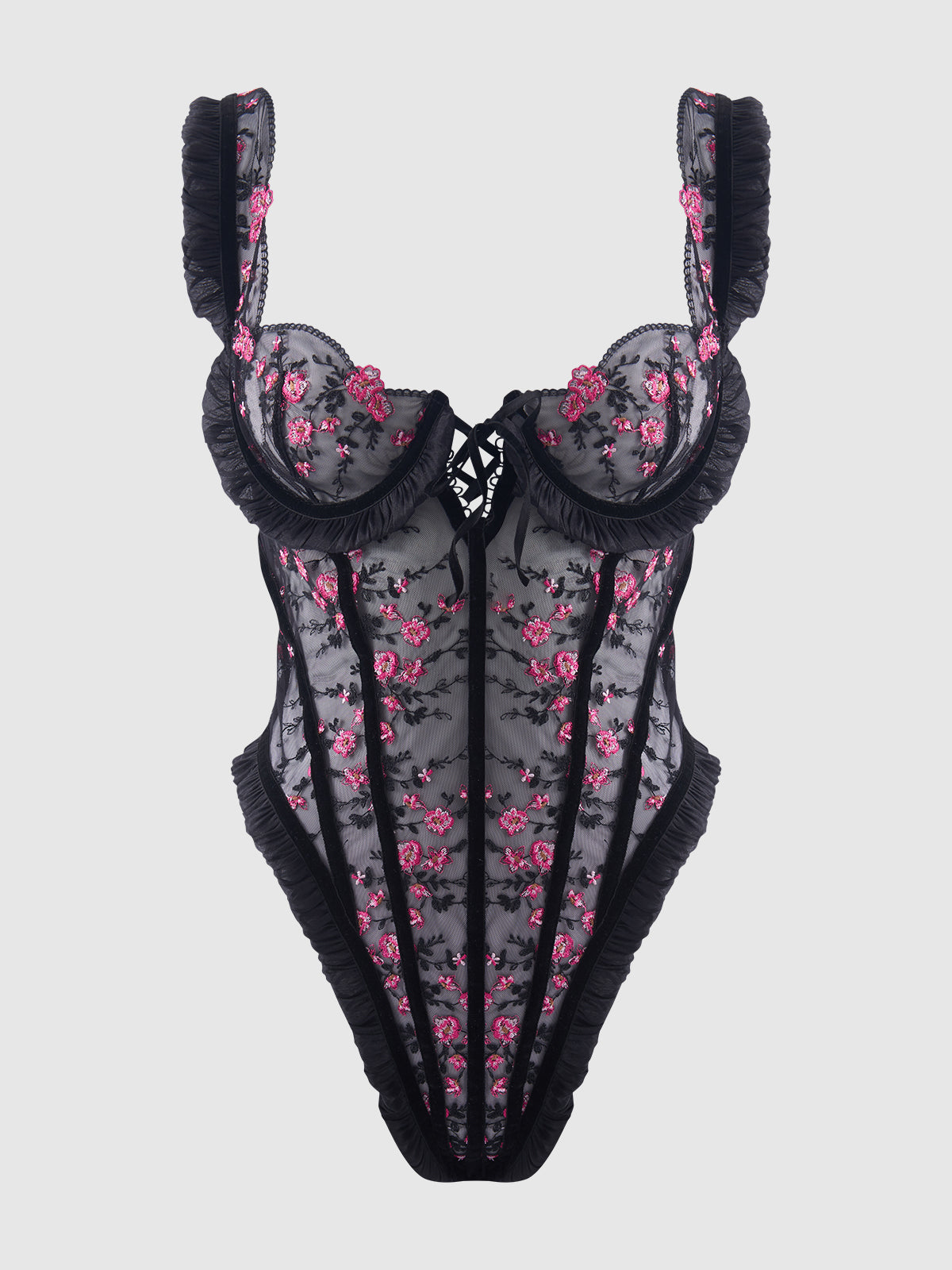 Harlow Embroidered Stretch Mesh Teddy - Frederick's of Hollywood