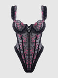 Harlow Embroidered Stretch Mesh Teddy - Frederick's of Hollywood