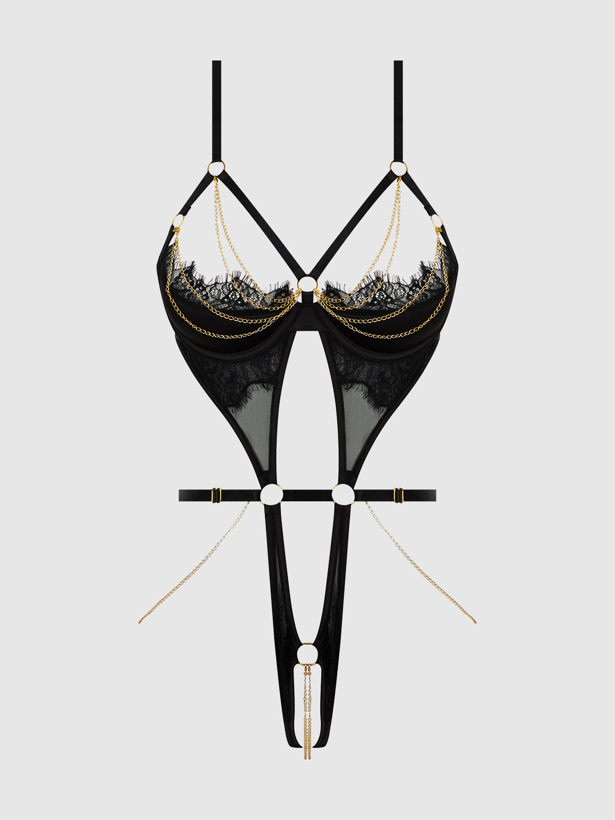 Maeve Chain & Lace Open Cup & Crotchless Harness Teddy - Frederick's of Hollywood
