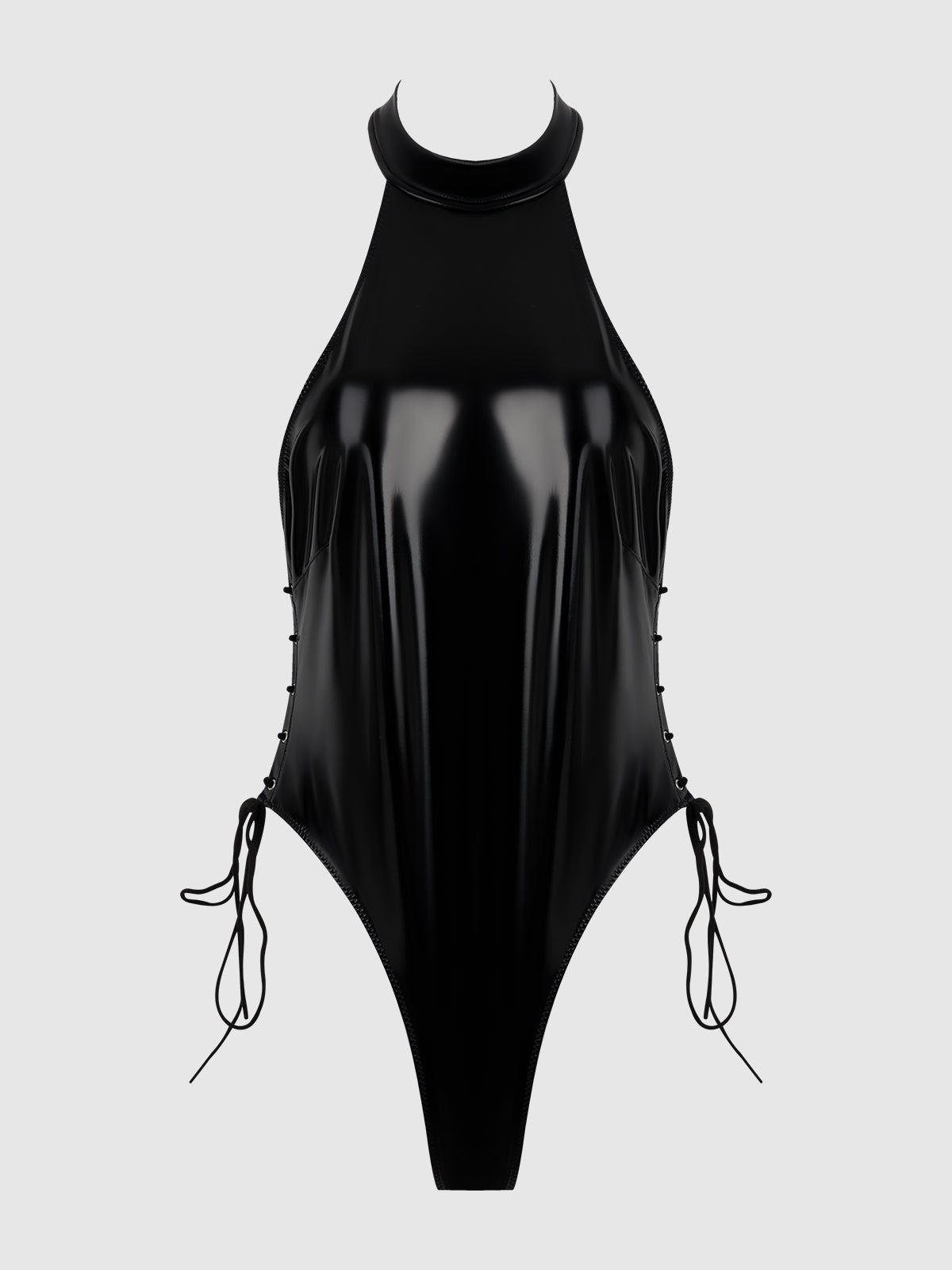 Phoenix Patent Grommet Lace Up Side Halter Neck Teddy - Frederick's of Hollywood