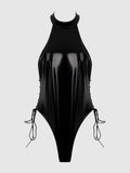 Phoenix Patent Grommet Lace Up Side Halter Neck Teddy - Frederick's of Hollywood