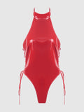Phoenix Patent Grommet Lace Up Side Halter Neck Teddy - Frederick's of Hollywood