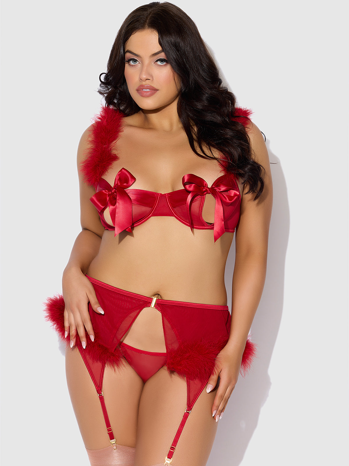 Scarlett Open Cup Marabou Bra, Garter & G-String Set - Frederick's of Hollywood