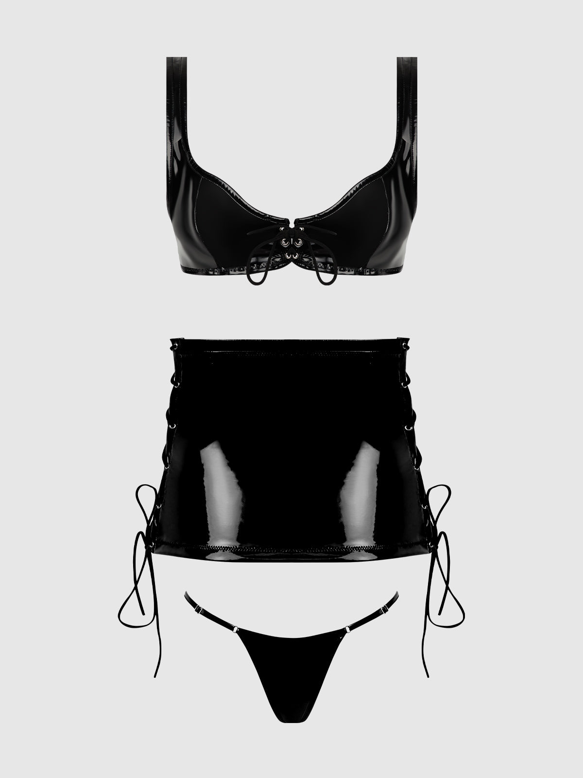 Phoenix Patent Grommet Bralette, Mini Skirt & G-String - Frederick's of Hollywood