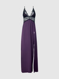 Rosalind Satin & Lace Long High Slit Gown - Frederick's of Hollywood