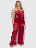 Scarlett Satin Sleep Cami & Long Pant With Feather Trim - Frederick's of Hollywood