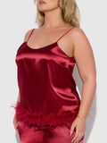 Scarlett Satin Sleep Cami & Long Pant With Feather Trim - Frederick's of Hollywood