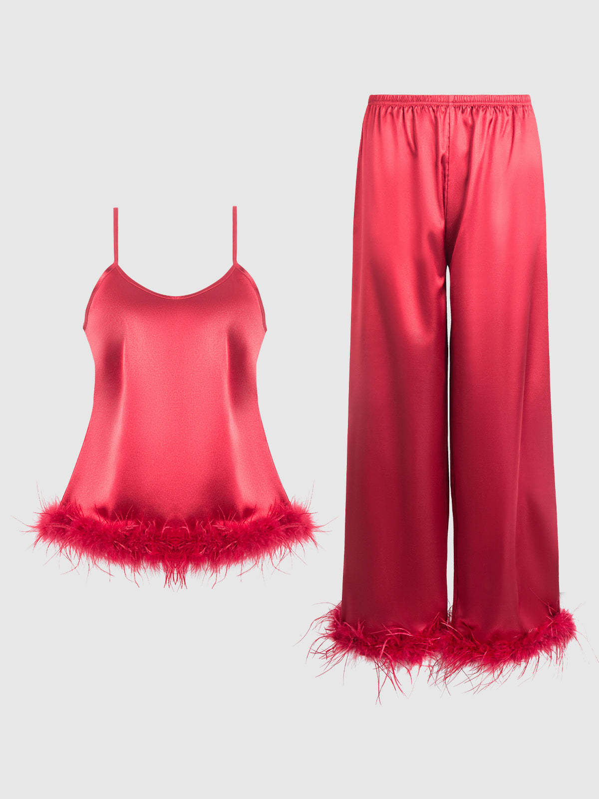 Scarlett Satin Sleep Cami & Long Pant With Feather Trim - Frederick's of Hollywood