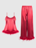 Scarlett Satin Sleep Cami & Long Pant With Feather Trim - Frederick's of Hollywood