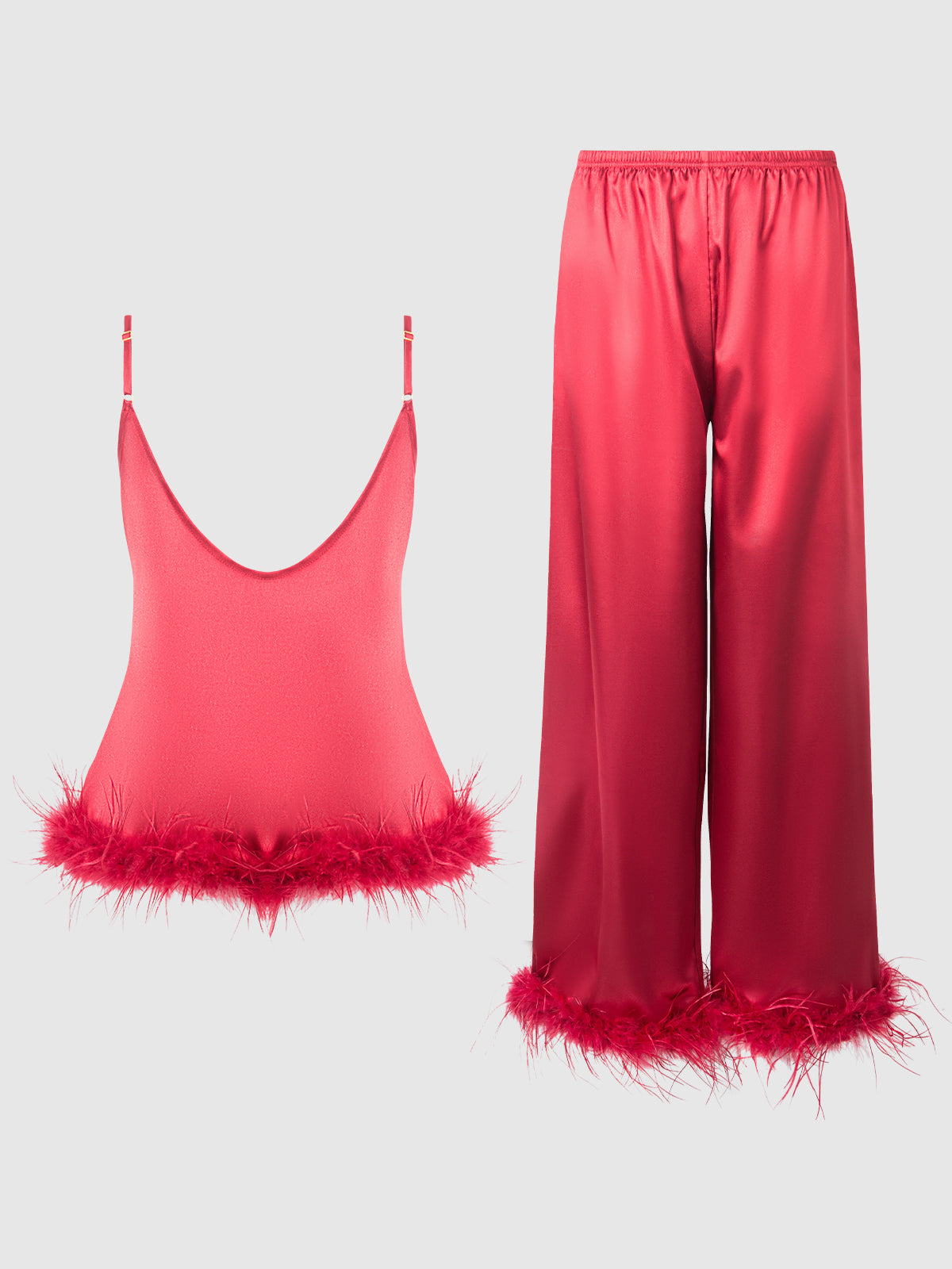 Scarlett Satin Sleep Cami & Long Pant With Feather Trim - Frederick's of Hollywood