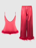 Scarlett Satin Sleep Cami & Long Pant With Feather Trim - Frederick's of Hollywood