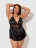 Elisa Satin & Lace Racerback Sleep Romper - Frederick's Of Hollywood