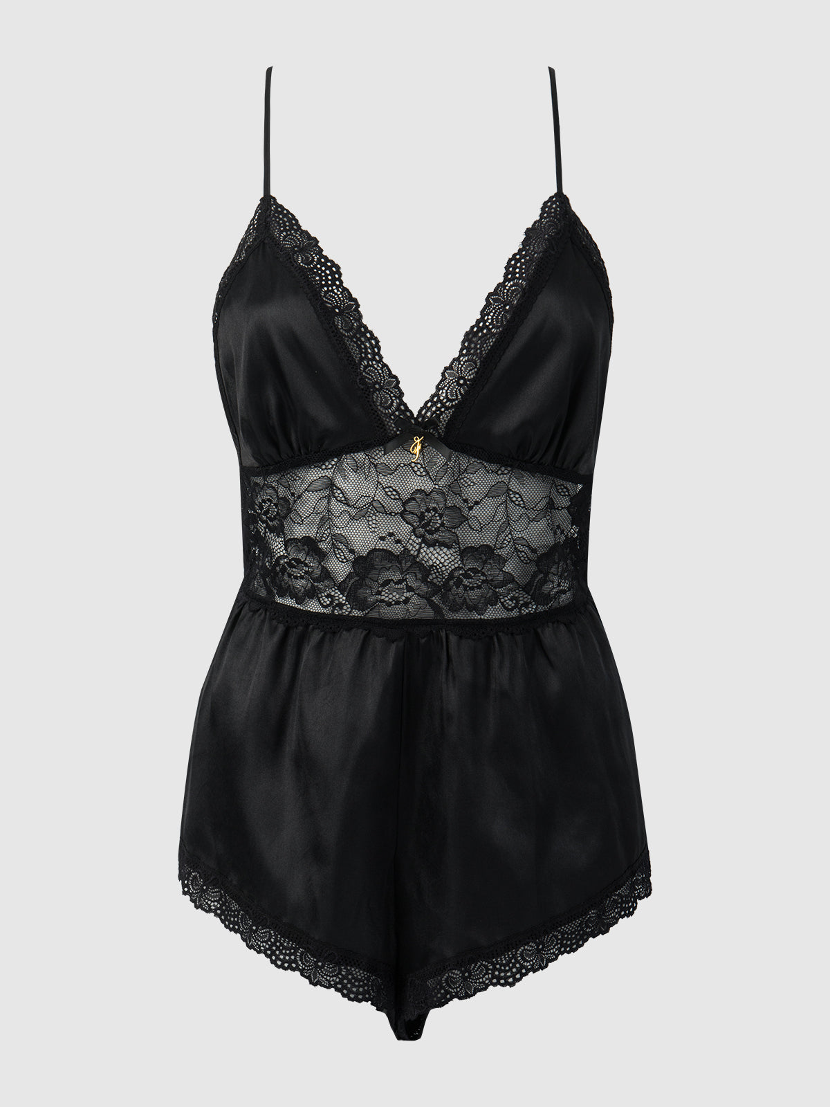Elisa Satin & Lace Racerback Sleep Romper - Frederick's Of Hollywood