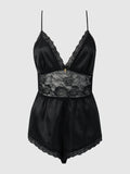 Elisa Satin & Lace Racerback Sleep Romper - Frederick's Of Hollywood